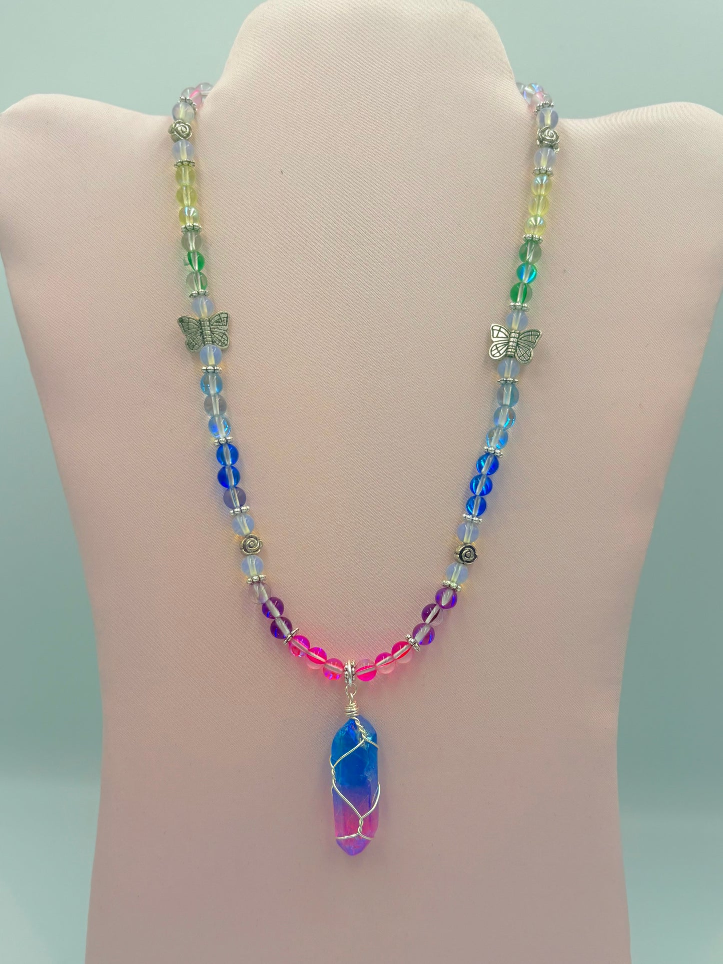 Rainbow Aura Quartz Necklace with Point