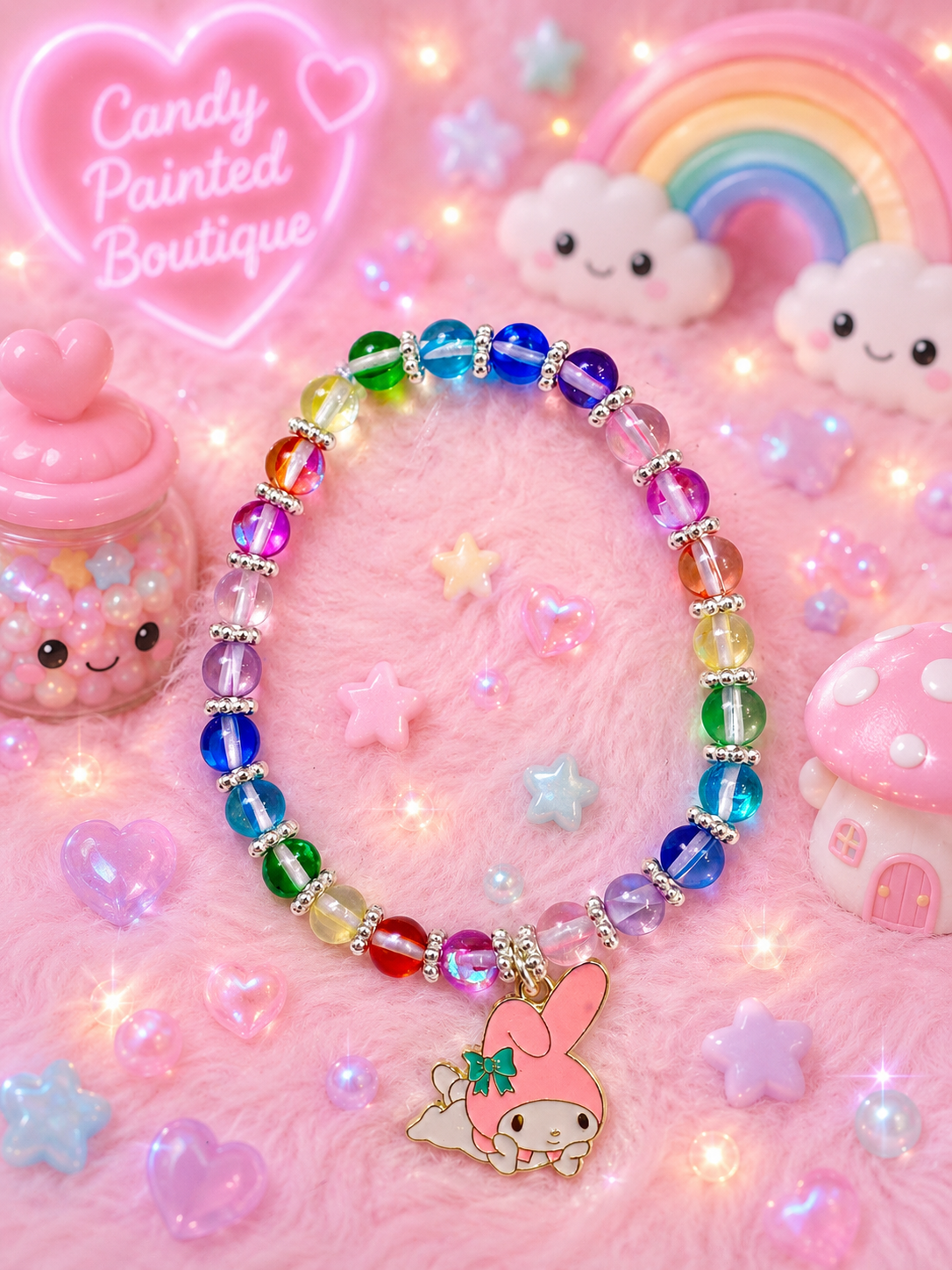 Rainbow Aura Quartz Kawaii Charm Bracelet